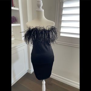 So Fun!! Black, strapless feather and satin mini dress, size Small